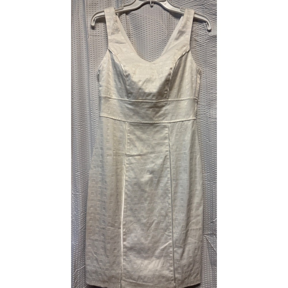 Corey P Women White Ivory Textured Dress Sz 8 Sleeveless Shift Midi Cotton/Poly